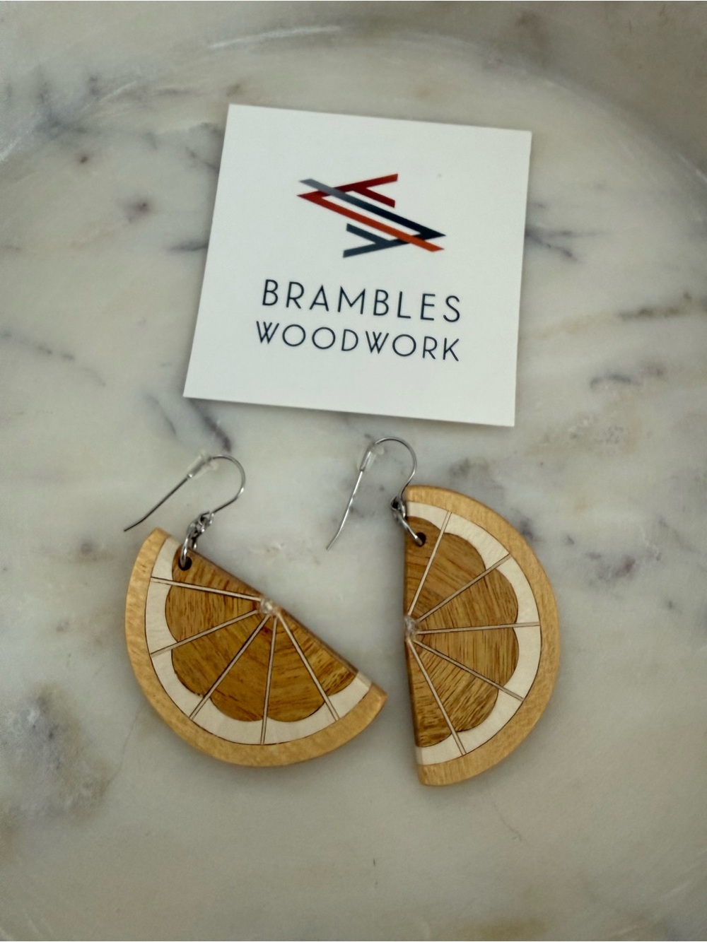 Brambles Woodwork Handmade Wood Inlay Citrus Slice Earrings Yellowheart Holly
